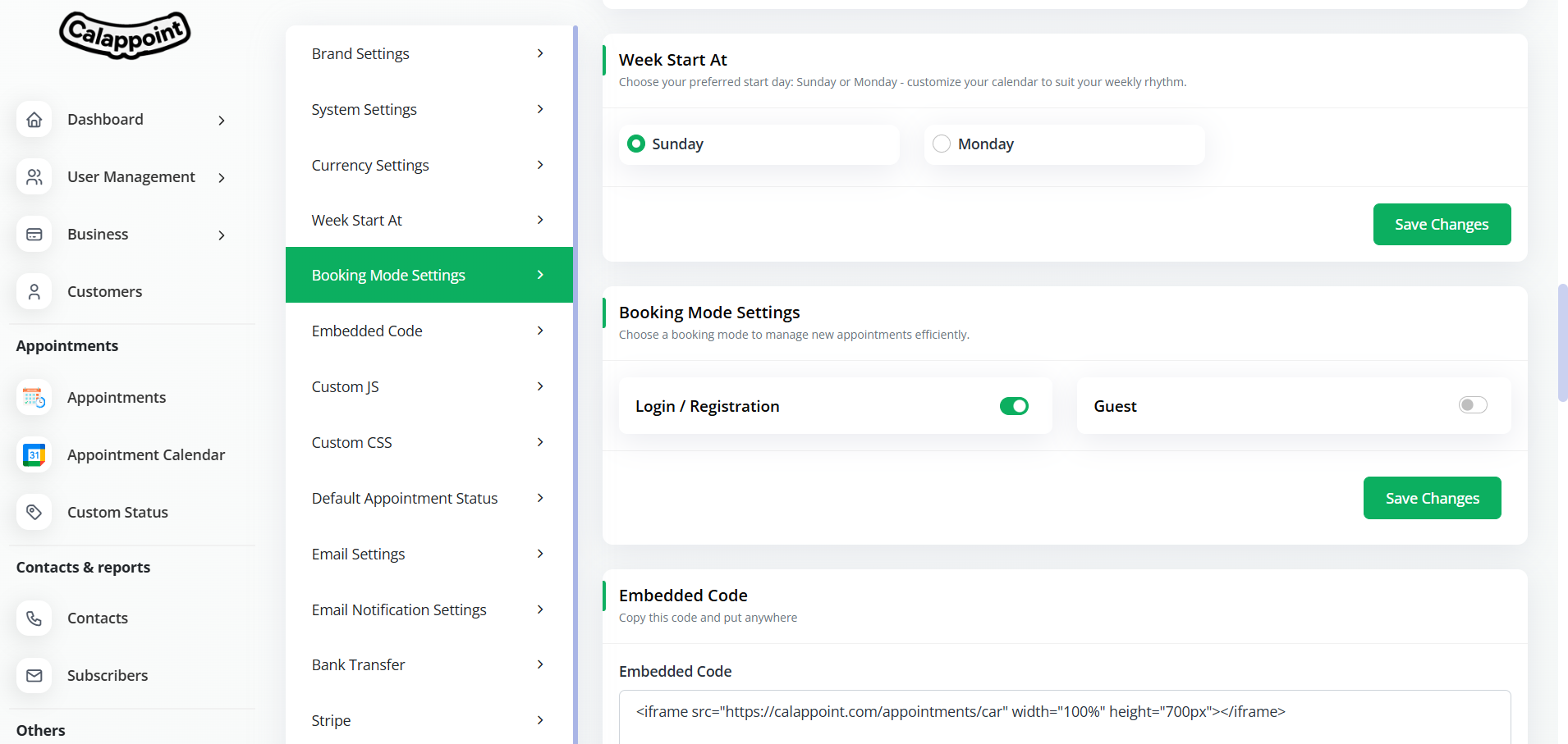 Calappoint Settings page